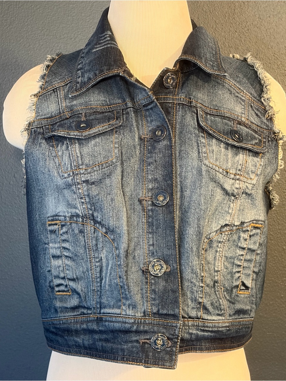 Candie's Denim Trucker Distressed Vest  in Dark Blue Sz XL